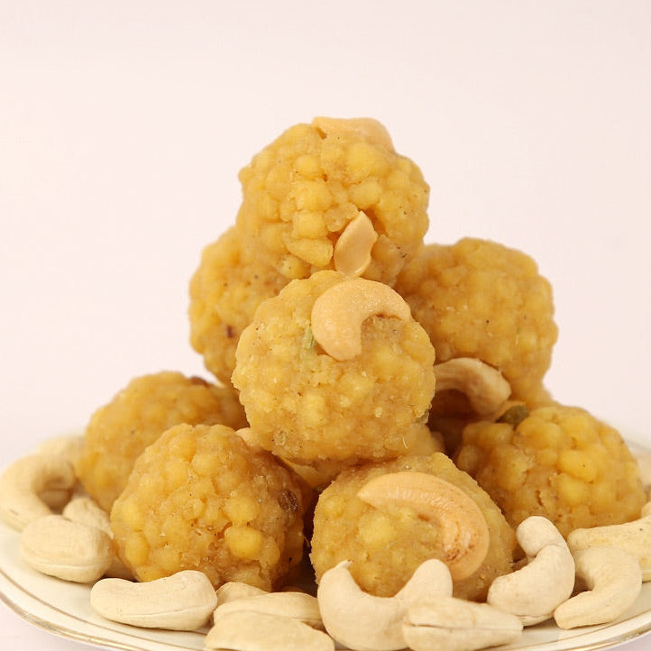 Traditional lavu boondi laddu sweet made with crispy boondi and syrup in Andhra style.