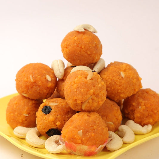 Soft motichoor laddu made with fine boondi and syrup festive sweet
