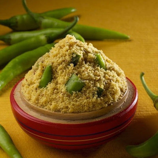 Andhra green chilli karam podi blended with oil traditional spice mix
