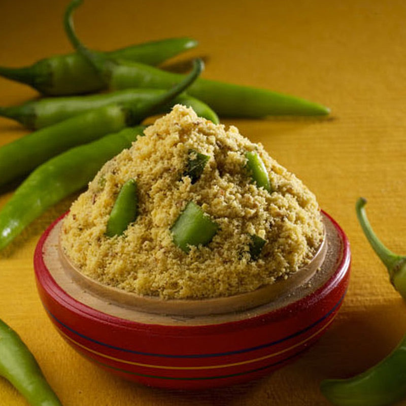 A bowl of green chilli powder with ghee, surrounded by whole green chillies and pieces of green chillies on a yellow background.